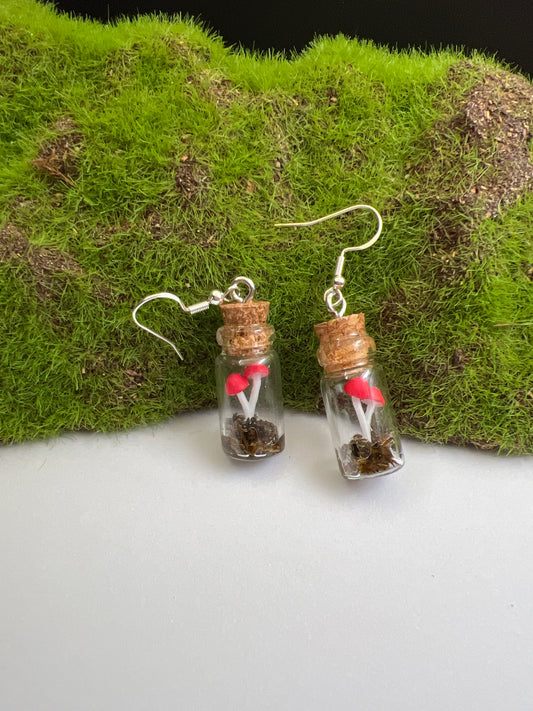 Large Mushroom Terrarium Earrings- Red