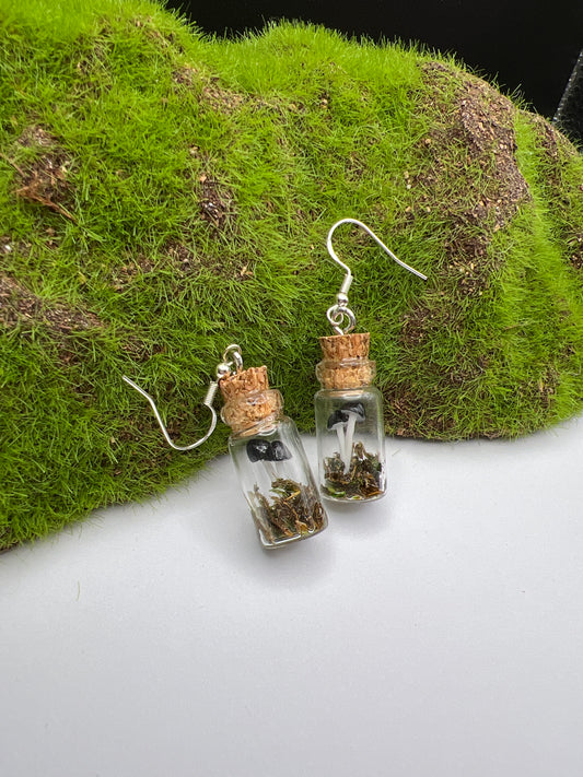 Large Mushroom Terrarium Earrings- Black